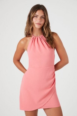 Vestido Forever 21 Faux Wrap Halter Mini Mujer Rosas | ty586YhAKKe