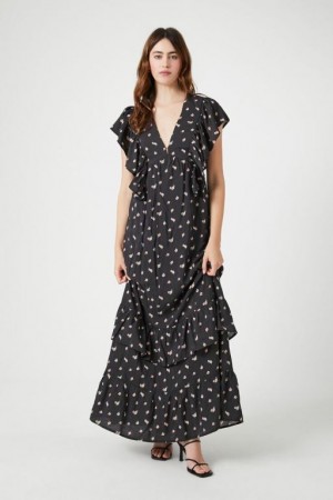 Vestido Forever 21 Floral Butterfly Sleeve Maxi Mujer Negras Rosas | fLMBvNsLzOP