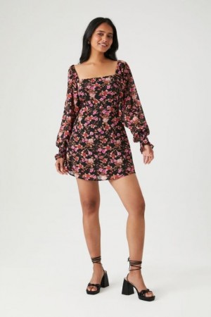 Vestido Forever 21 Floral Long Sleeve Mini Mujer Rosas Negras | PQvP9fSV4JX