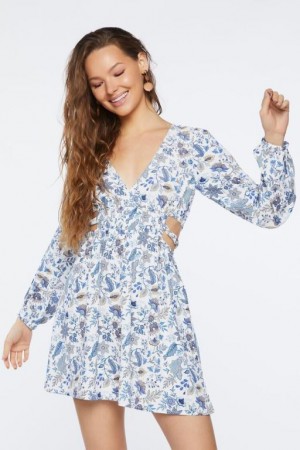 Vestido Forever 21 Floral Print Cutout Midi Mujer Blancas Azules | ErWy3QLjcsD