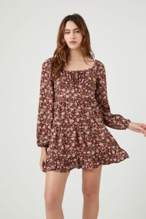 Vestido Forever 21 Floral Print Mini Mujer Marrones Multicolor | 4aZkqrixFej