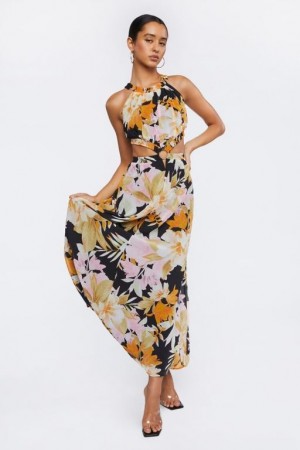 Vestido Forever 21 Floral Print O Ring Maxi Mujer Negras Multicolor | 8VCNCB6iC4E