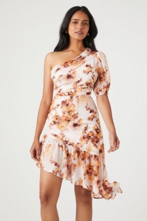 Vestido Forever 21 Floral Print One Shoulder Midi Mujer Rosas Multicolor | UTT1Sgd9zzs