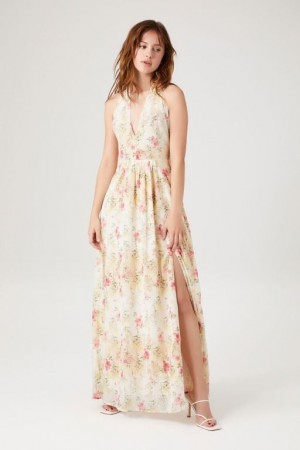 Vestido Forever 21 Floral Print Plunging Maxi Mujer Blancas Multicolor | aj7Q8FohhZ4