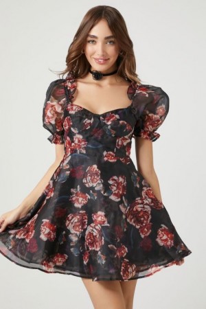 Vestido Forever 21 Floral Print Puff Sleeve Mini Mujer Negras Multicolor | rOjvRYePCtZ