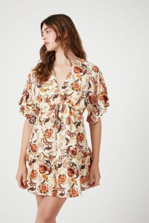 Vestido Forever 21 Floral Print Ruffle Mini Mujer Blancas Multicolor | tXcA9gbnDzY