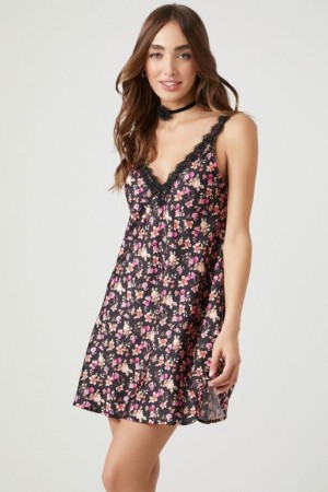 Vestido Forever 21 Floral Print Satin Mini Mujer Negras Multicolor | TPtHGuusj8k