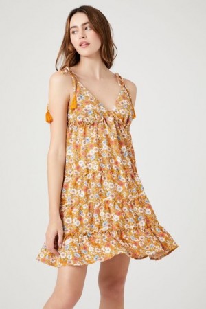 Vestido Forever 21 Floral Print Tassel Mini Mujer Amarillo Multicolor | SsbrqsLCkuW