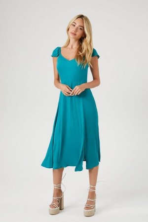 Vestido Forever 21 Flounce Sleeve Midi Mujer Turquesa | qhWYsKvVZXD