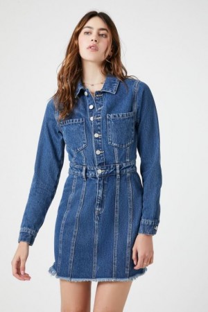 Vestido Forever 21 Frayed Denim Mini Mujer Azules | jxIa16fTi76