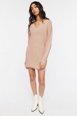 Vestido Forever 21 Frayed Sharkbite Mujer Beige Rosas | 5XHGhuy9APc