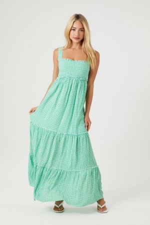 Vestido Forever 21 Gingham Maxi Mujer Verde Blancas | uZZMouBJIyH