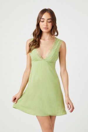 Vestido Forever 21 Jacquard Lace Trim Mini Mujer Verde Oliva | KHWpJEzUkR9