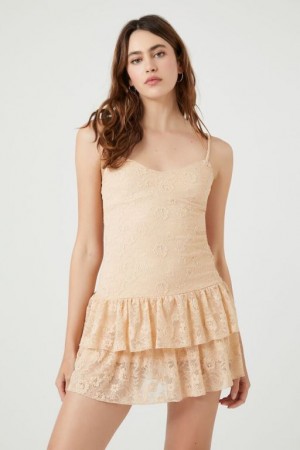 Vestido Forever 21 Lace Drop Waist Mini Mujer Beige | D3ZfkNRzBsW