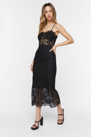 Vestido Forever 21 Lace Sweetheart Midi Mujer Negras | vj5smbUTekB