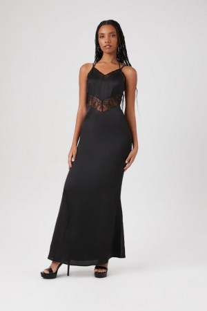 Vestido Forever 21 Lace Trim Satin Maxi Mujer Negras | n3IXcH5zTPd