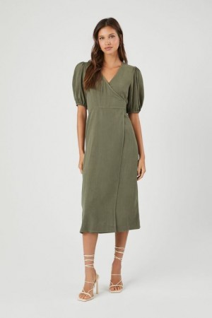 Vestido Forever 21 Linen Blend Wrap Midi Mujer Verde Oliva | OgO35LRVGuO