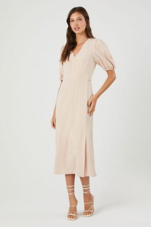 Vestido Forever 21 Linen Blend Wrap Midi Mujer Sandshell | vUeXi7B1v9D