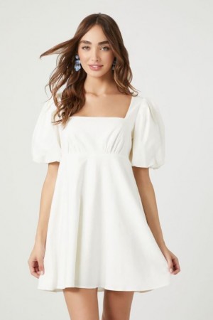 Vestido Forever 21 Linen Puff Sleeve Cutout Mini Mujer Blancas | u7lxKi5Plig