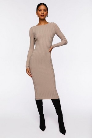 Vestido Forever 21 Long Sleeve Midi Mujer Gris | yUUGSzCmsZK