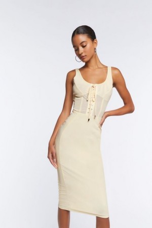 Vestido Forever 21 Mesh Corset Midi Mujer Creme | HFYvAQR8SES