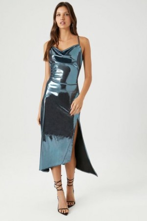 Vestido Forever 21 Metallic Cowl Neck Midi Mujer Azules Claro | e8VbKkC2Alp