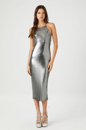 Vestido Forever 21 Metallic Halter Midi Slip Mujer Plateadas | C8HXtKAOCbY