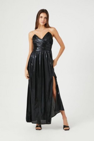 Vestido Forever 21 Metallic Ruched Strapless Midi Mujer Negras | eDhPFvqcKFk