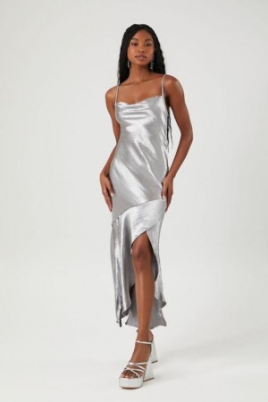 Vestido Forever 21 Metallic Satin Midi Slip Mujer Gris | kXZQXJqTh9l