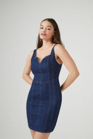 Vestido Forever 21 Notched Denim Mini Mujer Azules Oscuro | 1cbvC47dnjc