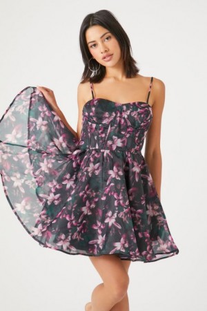 Vestido Forever 21 Organza Floral Print Mini Mujer Negras Multicolor | Uw01gZPE0ZB