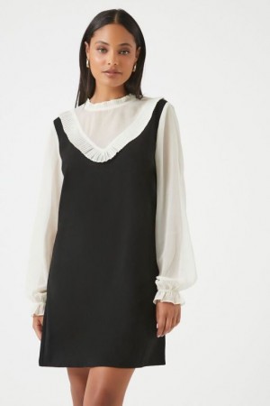 Vestido Forever 21 Plisado Peasant Sleeve Combo Mujer Negras Blancas | kghPHdeuOKY