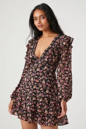 Vestido Forever 21 Plunging Floral Print Mini Mujer Negras Multicolor | rvitsQxhQPm