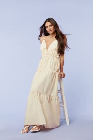 Vestido Forever 21 Plunging Poplin Maxi Mujer Sandshell | K7gPiYthBwp