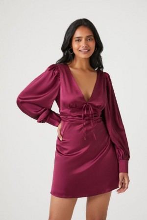 Vestido Forever 21 Plunging Satin Tie Front Mini Mujer Burdeos | pmx9PWUKSeu