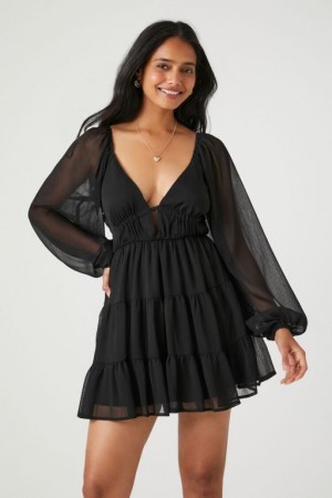 Vestido Forever 21 Plunging Tiered Babydoll Mujer Negras | lJpgzWVadgU