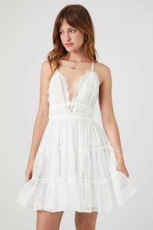 Vestido Forever 21 Plunging Tiered Tie Back Mini Mujer Blancas | PqPw90QgLXa