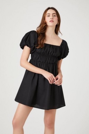 Vestido Forever 21 Poplin Peasant Mini Mujer Negras | OmZAwNq8P4C