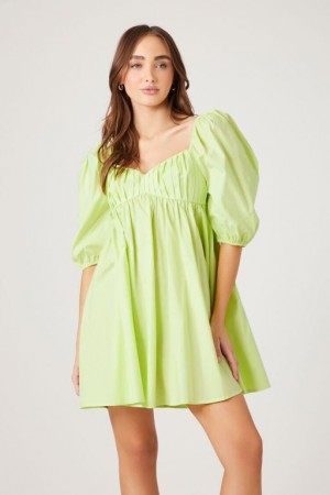 Vestido Forever 21 Poplin Puff Sleeve Babydoll Mujer Verde Claro | bl0HriLFMPm