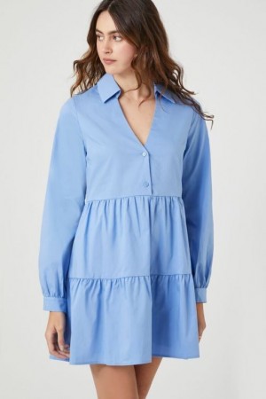 Vestido Forever 21 Poplin Tiered Mini Mujer Azules | fgymAxiNEtP