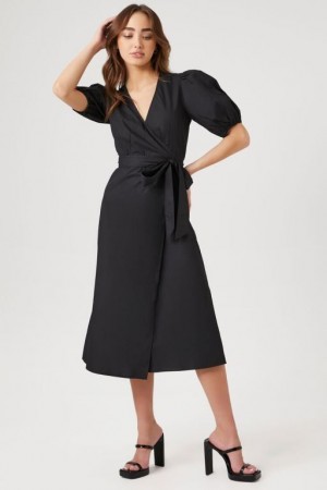 Vestido Forever 21 Poplin Wrap Midi Mujer Negras | Ljvph8UDllk