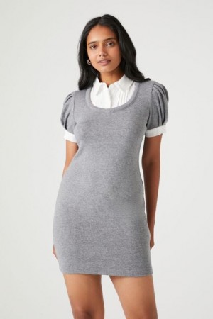 Vestido Forever 21 Puff Sleeve Combo Mini Mujer Gris Blancas | QitvNmGRY2V