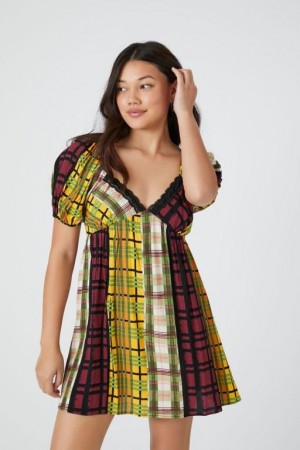 Vestido Forever 21 Reworked Plaid Puff Sleeve Mini Mujer Amarillo Multicolor | DVpUm1lVRYe