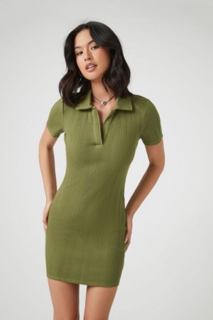 Vestido Forever 21 Rib Knit Collared Mini Mujer Verde Oliva | zhRt6qsCASs