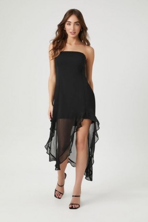 Vestido Forever 21 Ruffle M Slit Midi Tube Mujer Negras | JONfMIVzHJq