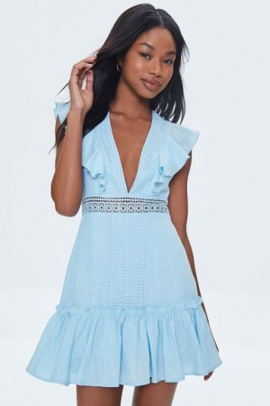 Vestido Forever 21 Ruffled Lace Trim Cap Sleeve Mujer Azules | fRzIpIXrpav