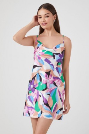 Vestido Forever 21 Satin Abstract Print Mini Mujer Moradas Multicolor | 3Bp9vgp6KYh