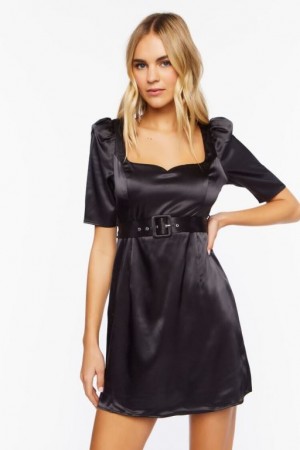 Vestido Forever 21 Satin Belted Mini Mujer Negras | 0g5AfcrkrtI