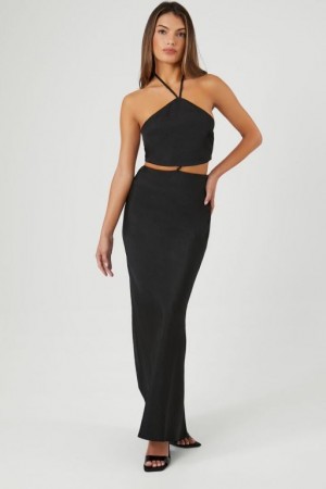 Vestido Forever 21 Satin Cutout Halter Maxi Mujer Negras | 3QJklrP3slr