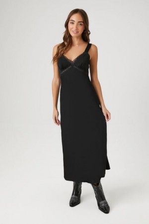 Vestido Forever 21 Satin Lace Trim Midi Slip Mujer Negras | f5aPaBJ0omd